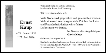 Todesanzeige von Ernst Kaup von Westfälische Nachrichten