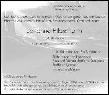 Todesanzeige von Johanne Hilgemann von Westfälische Nachrichten