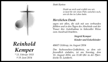 Todesanzeige von Reinhold Kemper von Westfälische Nachrichten
