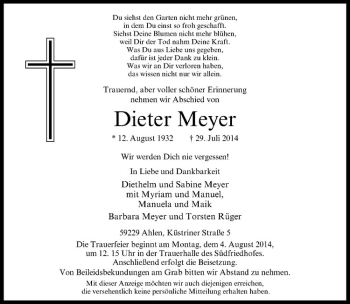 Todesanzeige von Dieter Meyer von Westfälische Nachrichten