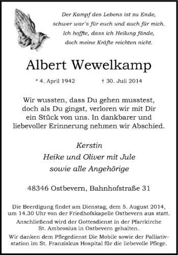 Todesanzeige von Albert Wewelkamp von Westfälische Nachrichten