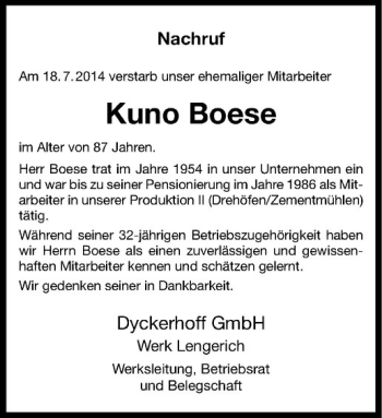 Todesanzeige von Kuno Boese von Westfälische Nachrichten