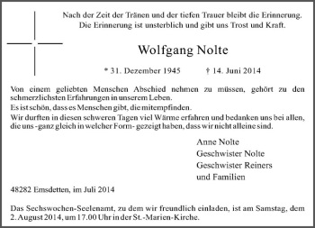 Todesanzeige von Wolfgang Nolte von Westfälische Nachrichten
