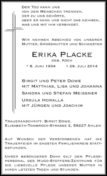 Todesanzeige von Erika Placke von Westfälische Nachrichten