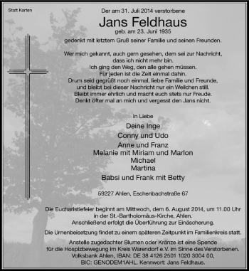 Todesanzeige von Jans Feldhaus von Westfälische Nachrichten