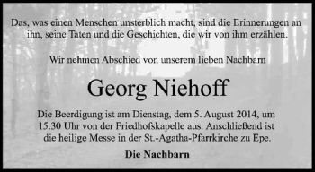 Todesanzeige von Georg Niehoff von Westfälische Nachrichten