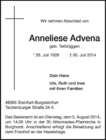 Todesanzeige von Anneliese Advena von Westfälische Nachrichten