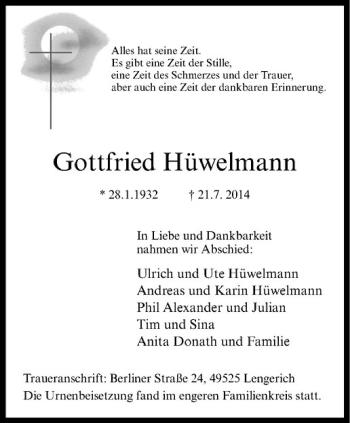 Todesanzeige von Gottfried Hüwelmann von Westfälische Nachrichten