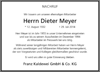 Todesanzeige von Dieter Meyer von Westfälische Nachrichten