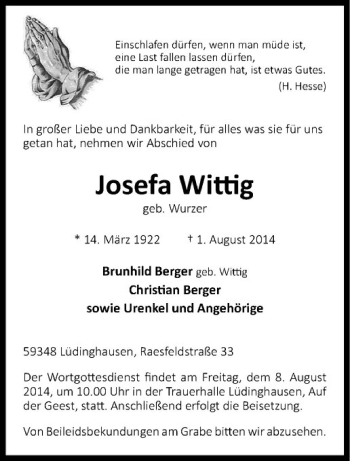 Todesanzeige von Josef Wittig von Westfälische Nachrichten