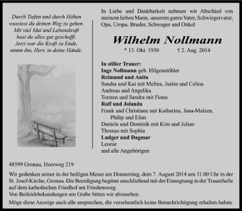 Todesanzeige von Wilhelm Nollmann von Westfälische Nachrichten