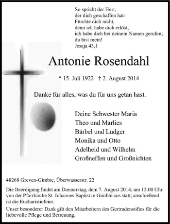 Todesanzeige von Antonie Rosendahl von Westfälische Nachrichten