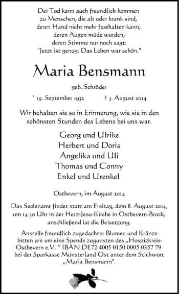 Todesanzeige von Maria Bensmann von Westfälische Nachrichten