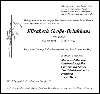 Todesanzeige von Elisabeth Große-Brinkhaus von Westfälische Nachrichten