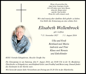 Todesanzeige von Elisabeth Wellenbrock von Westfälische Nachrichten