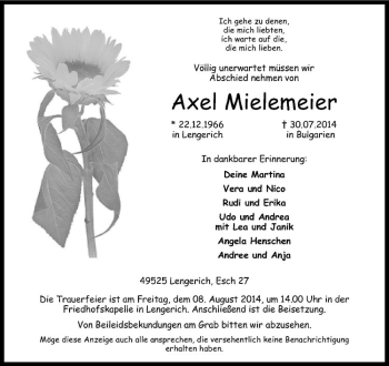 Todesanzeige von Axel Mielemeier von Westfälische Nachrichten
