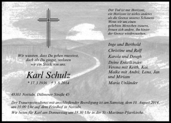 Todesanzeige von Karl Schulz von Westfälische Nachrichten