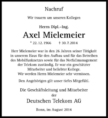 Todesanzeige von Axel Mielemeier von Westfälische Nachrichten