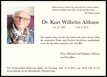Todesanzeige von Kurt Wilhelm Althaus von Westfälische Nachrichten