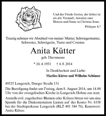 Todesanzeige von Anita Kütter von Westfälische Nachrichten
