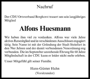 Todesanzeige von Alfons Huesmann von Westfälische Nachrichten