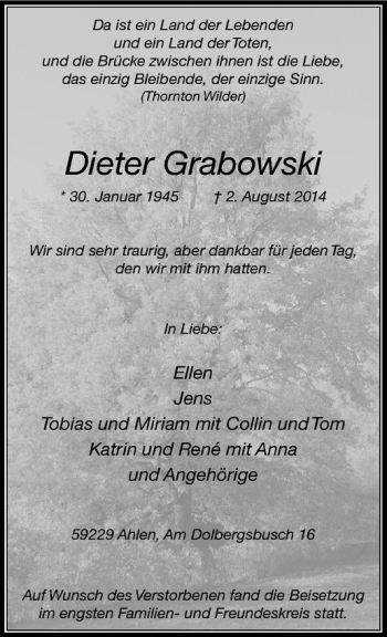 Todesanzeige von Dieter Grabowski von Westfälische Nachrichten