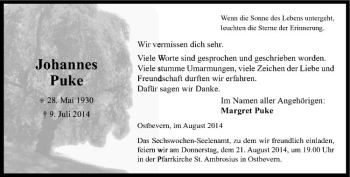 Todesanzeige von Johannes Puke von Westfälische Nachrichten