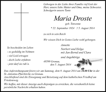 Todesanzeige von Maria Droste von Westfälische Nachrichten