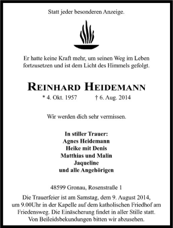 Todesanzeige von Reinhard Heidemann von Westfälische Nachrichten