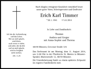 Todesanzeige von Erich Karl Timmer von Westfälische Nachrichten