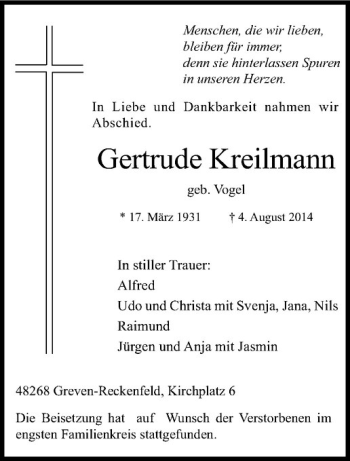 Todesanzeige von Gertrude Kreilmann von Westfälische Nachrichten