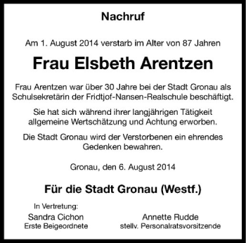 Todesanzeige von Elsbeth Arentzen von Westfälische Nachrichten