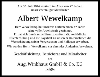 Todesanzeige von Albert Wewelkamp von Westfälische Nachrichten