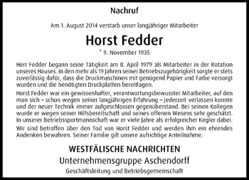 Todesanzeige von Horst Fedder von Westfälische Nachrichten