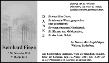 Todesanzeige von Bernhard Fiege von Westfälische Nachrichten