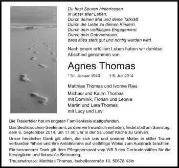 Todesanzeige von Agnes Thomas von Westfälische Nachrichten