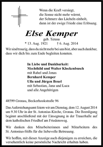 Todesanzeige von Else Kemper von Westfälische Nachrichten