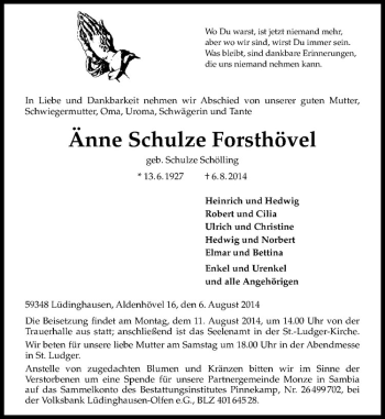 Todesanzeige von Änne Schulze Forsthövel von Westfälische Nachrichten