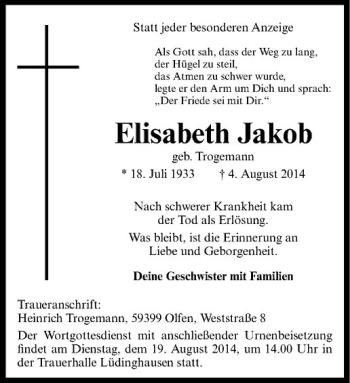 Todesanzeige von Elisabeth Jakob von Westfälische Nachrichten