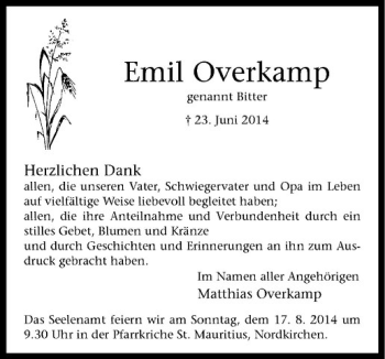 Todesanzeige von Emil Overkamp von Westfälische Nachrichten