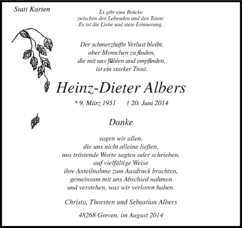 Todesanzeige von Heinz-Dieter Albers von Westfälische Nachrichten