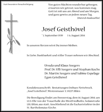 Todesanzeige von Josef Geisthövel von Westfälische Nachrichten