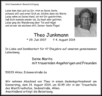 Todesanzeige von Theo Junkmann von Westfälische Nachrichten