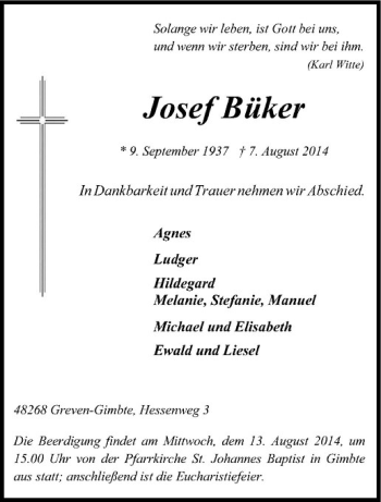 Todesanzeige von Josef Büker von Westfälische Nachrichten