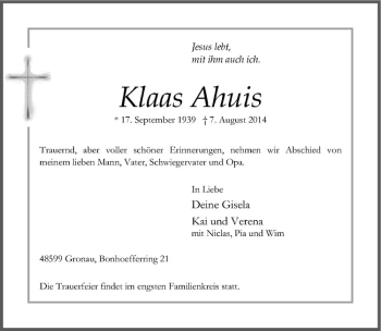 Todesanzeige von Klaas Ahuis von Westfälische Nachrichten