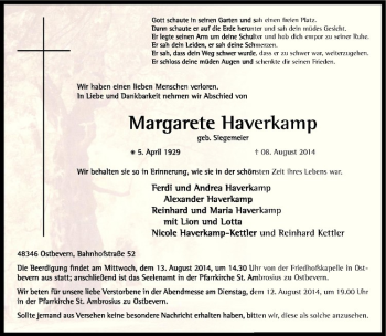 Todesanzeige von Margarete Haverkamp von Westfälische Nachrichten