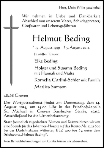 Todesanzeige von Helmut Beding von Westfälische Nachrichten