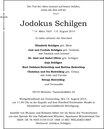 Todesanzeige von Jodokus Schilgen von Westfälische Nachrichten