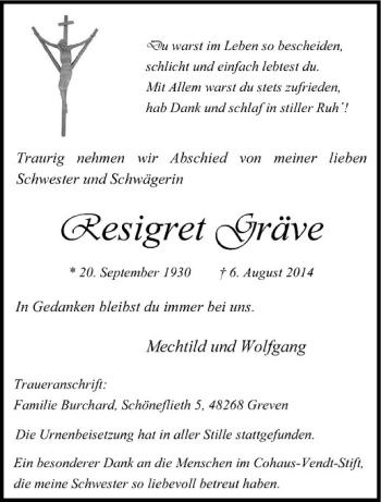 Todesanzeige von Resigret Gräve von Westfälische Nachrichten