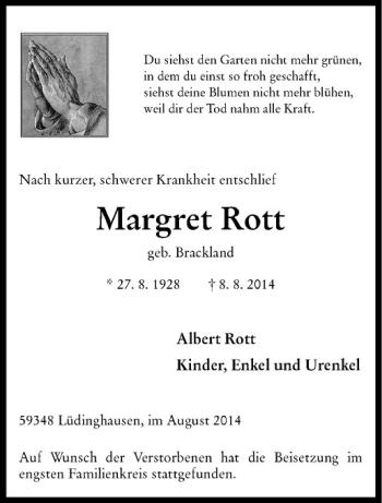 Todesanzeige von Margret Rott von Westfälische Nachrichten